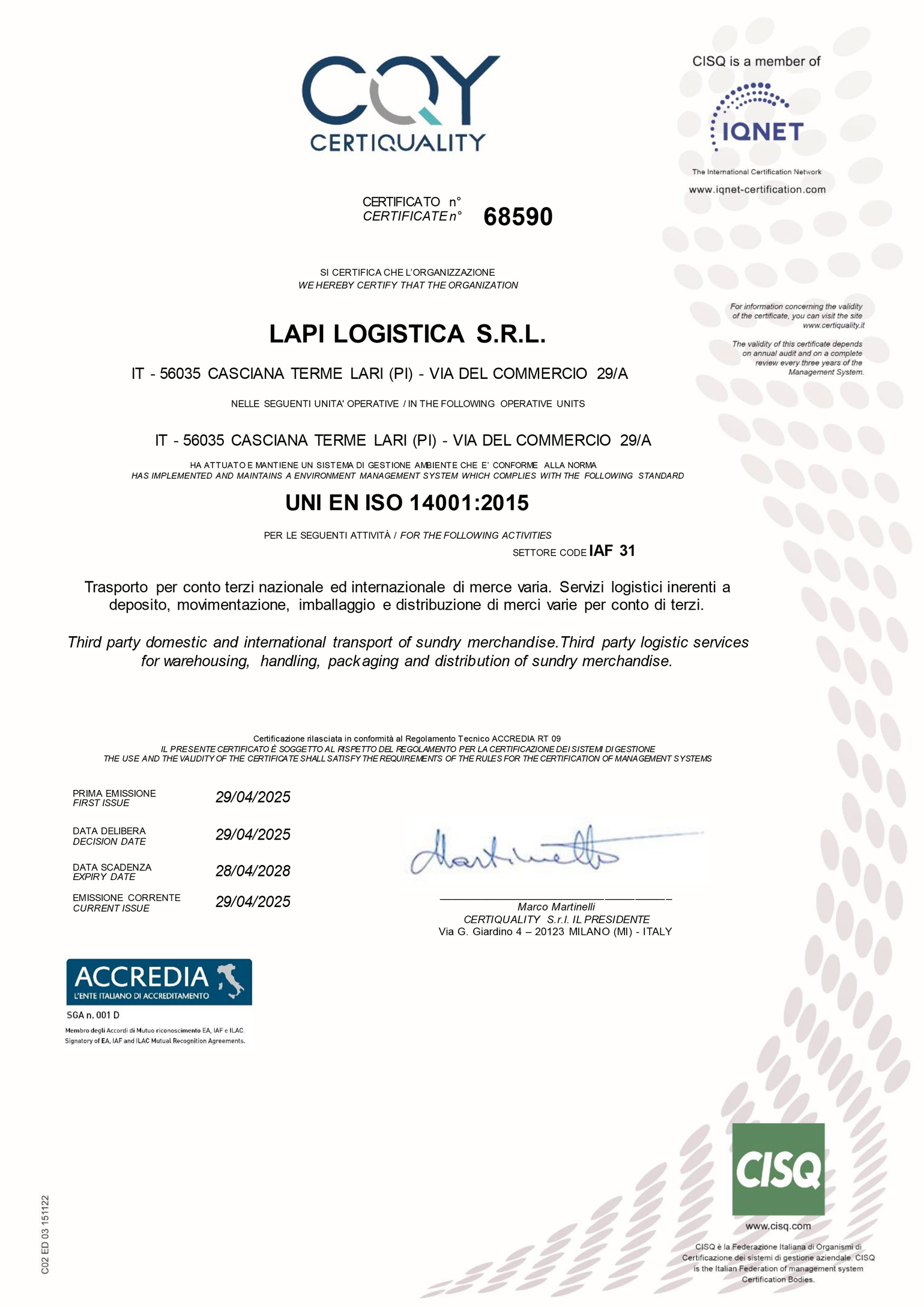 CQY Cert 2024 0001 Livello 1